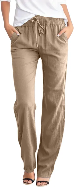 Linen Pants Women Straight Leg Drawstring Casual High Waisted Pants Loose Fit Summer Pant with Pockets Lounge Trousers