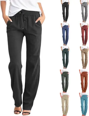 Linen Pants Women Straight Leg Drawstring Casual High Waisted Pants Loose Fit Summer Pant with Pockets Lounge Trousers