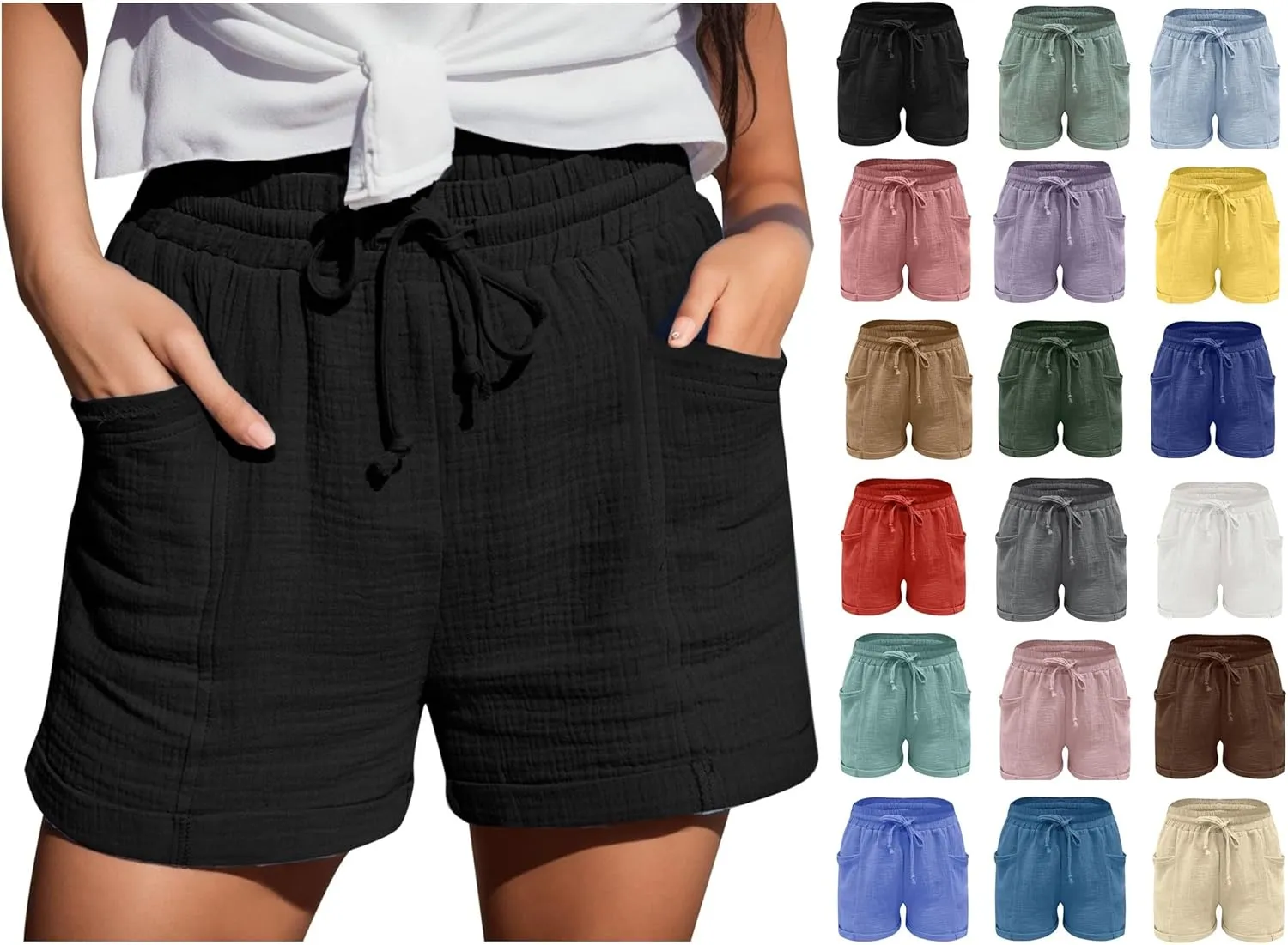 Linen Shorts for Women High Waisted Wide Leg Drawstring Casual Summer Beach Shorts Plus Size Cute Flowy Lounge Shorts