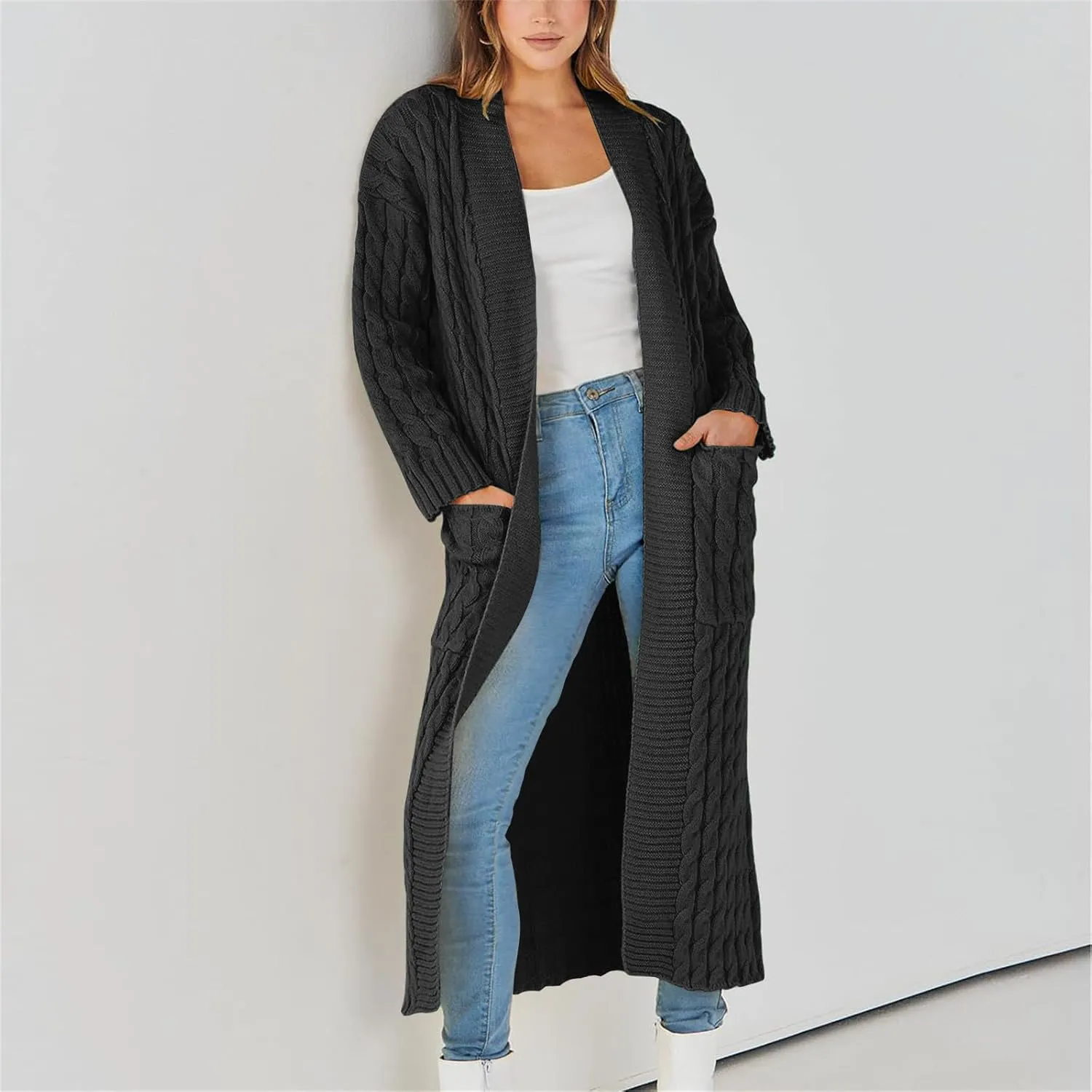 Long Cardigan Sweaters for Women Casual Cable Knit Chunky Sweater Coats Solid Color Trendy Comfy Maxi Outerwear