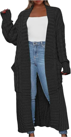 Long Cardigan Sweaters for Women Casual Cable Knit Chunky Sweater Coats Solid Color Trendy Comfy Maxi Outerwear