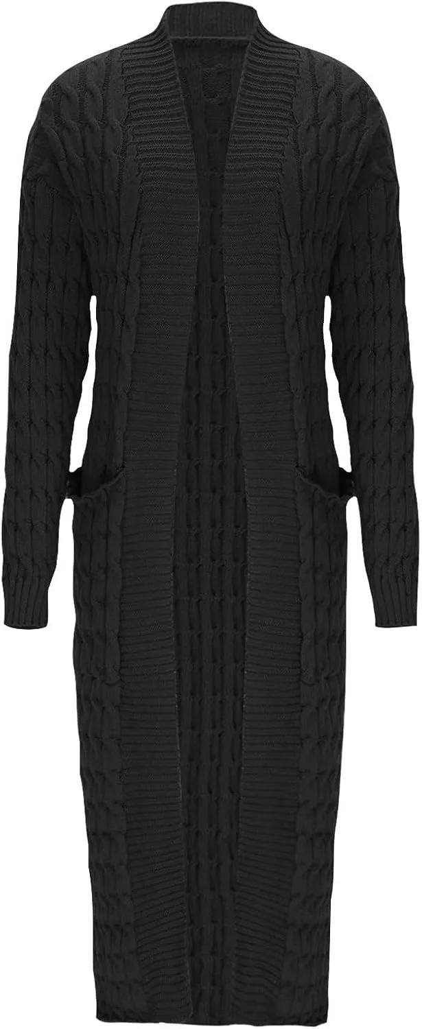 Long Cardigan Sweaters for Women Casual Cable Knit Chunky Sweater Coats Solid Color Trendy Comfy Maxi Outerwear