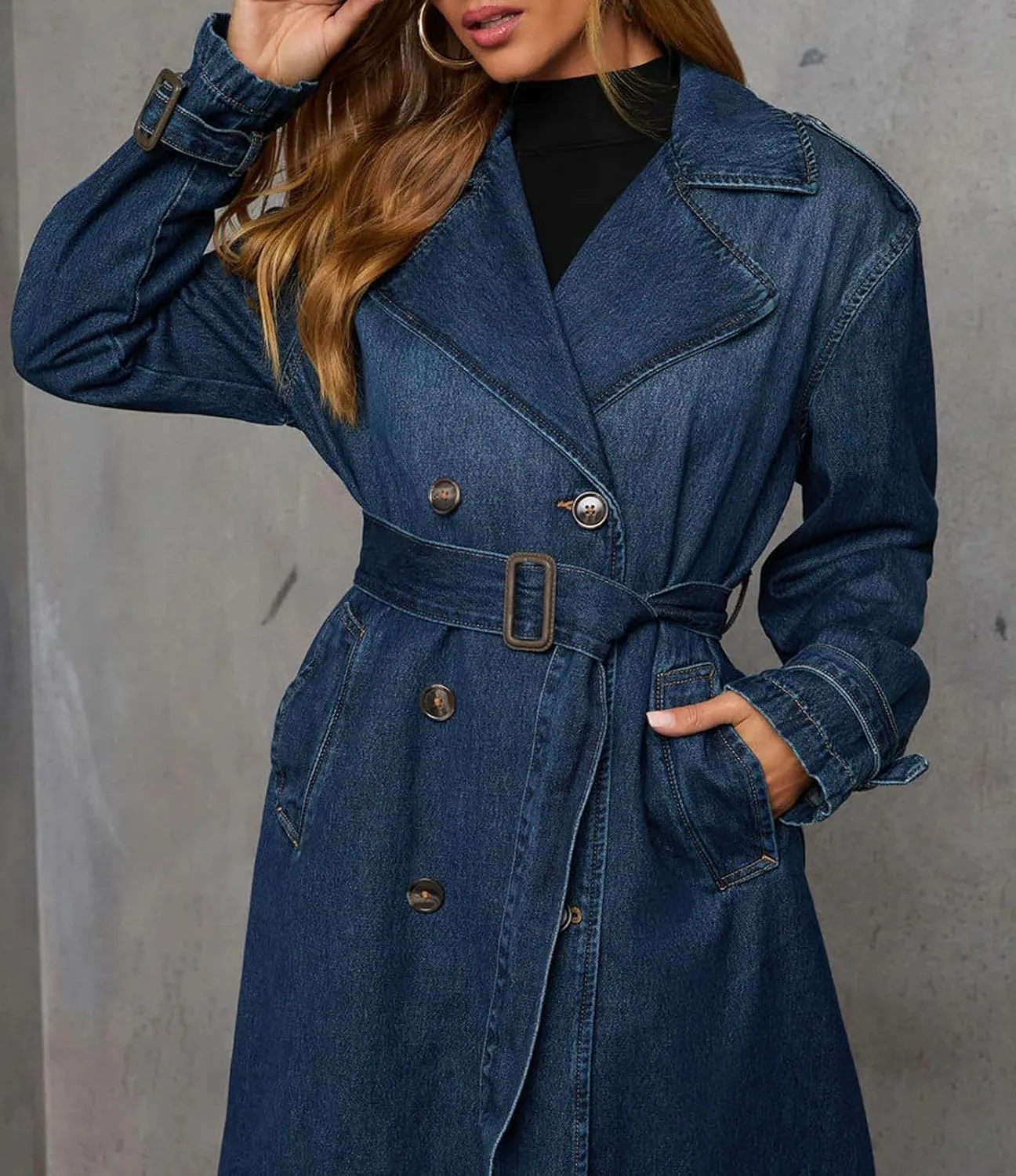 loveimgs Women Vintage Double Breasted Mid Long Denim Jacket Jean Trench Coat Duster Blazer Jacket Windbreaker Belt