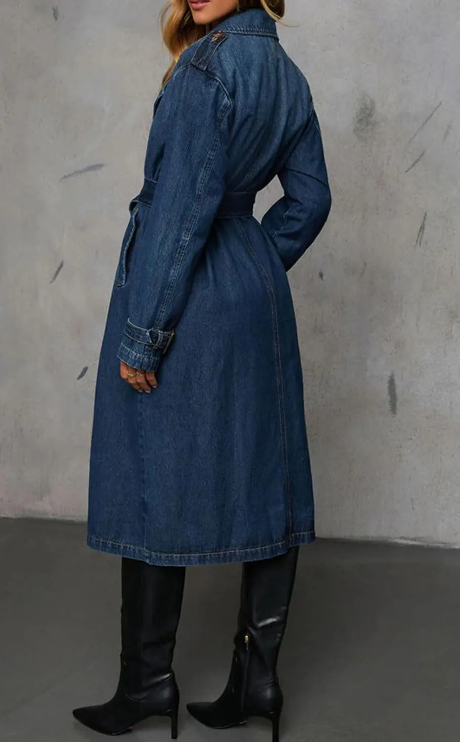 loveimgs Women Vintage Double Breasted Mid Long Denim Jacket Jean Trench Coat Duster Blazer Jacket Windbreaker Belt