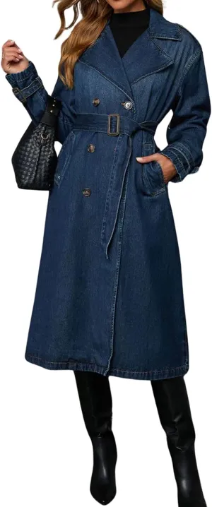 loveimgs Women Vintage Double Breasted Mid Long Denim Jacket Jean Trench Coat Duster Blazer Jacket Windbreaker Belt