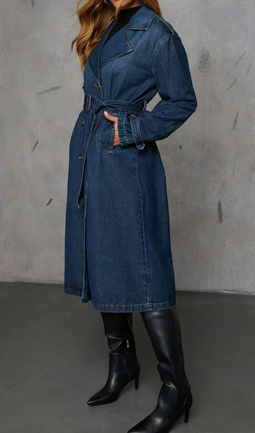 loveimgs Women Vintage Double Breasted Mid Long Denim Jacket Jean Trench Coat Duster Blazer Jacket Windbreaker Belt