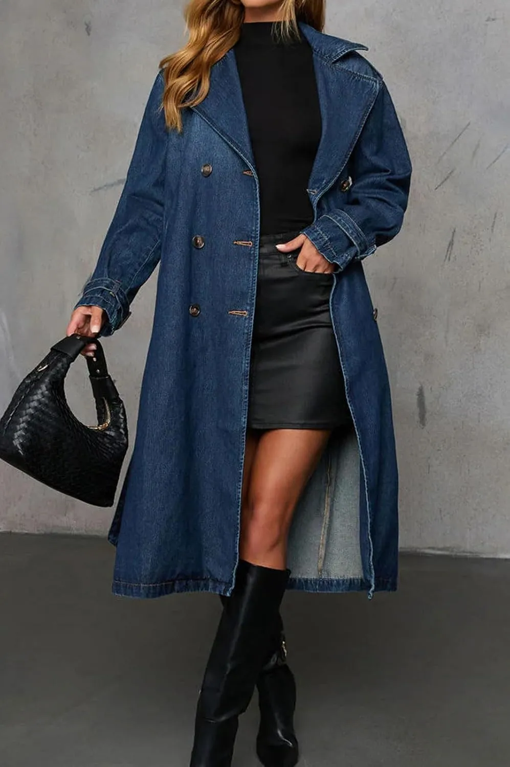 loveimgs Women Vintage Double Breasted Mid Long Denim Jacket Jean Trench Coat Duster Blazer Jacket Windbreaker Belt