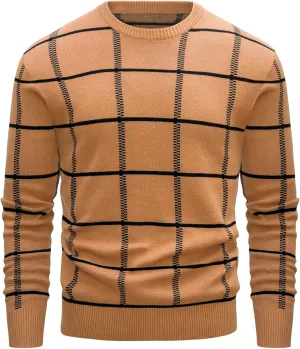 MAGCOMSEN Men's Plaid Crewneck Sweater - Casual Cotton Fall Winter Sweater