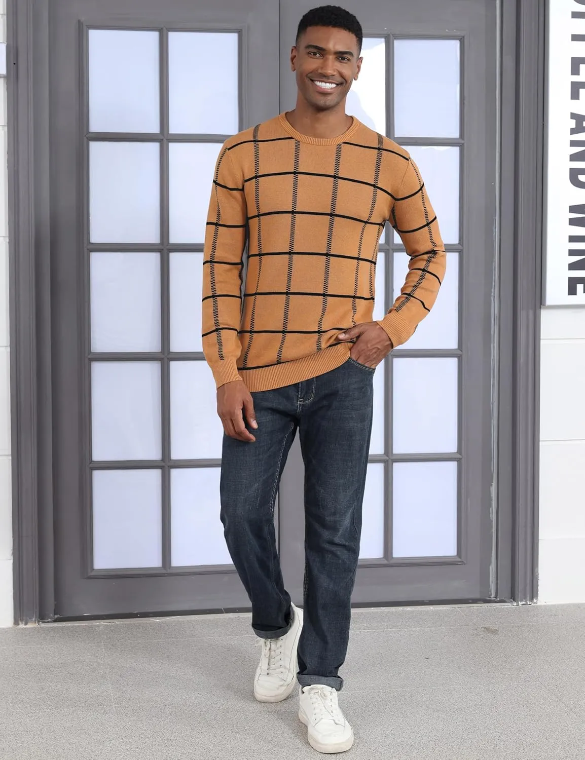 MAGCOMSEN Men's Plaid Crewneck Sweater - Casual Cotton Fall Winter Sweater