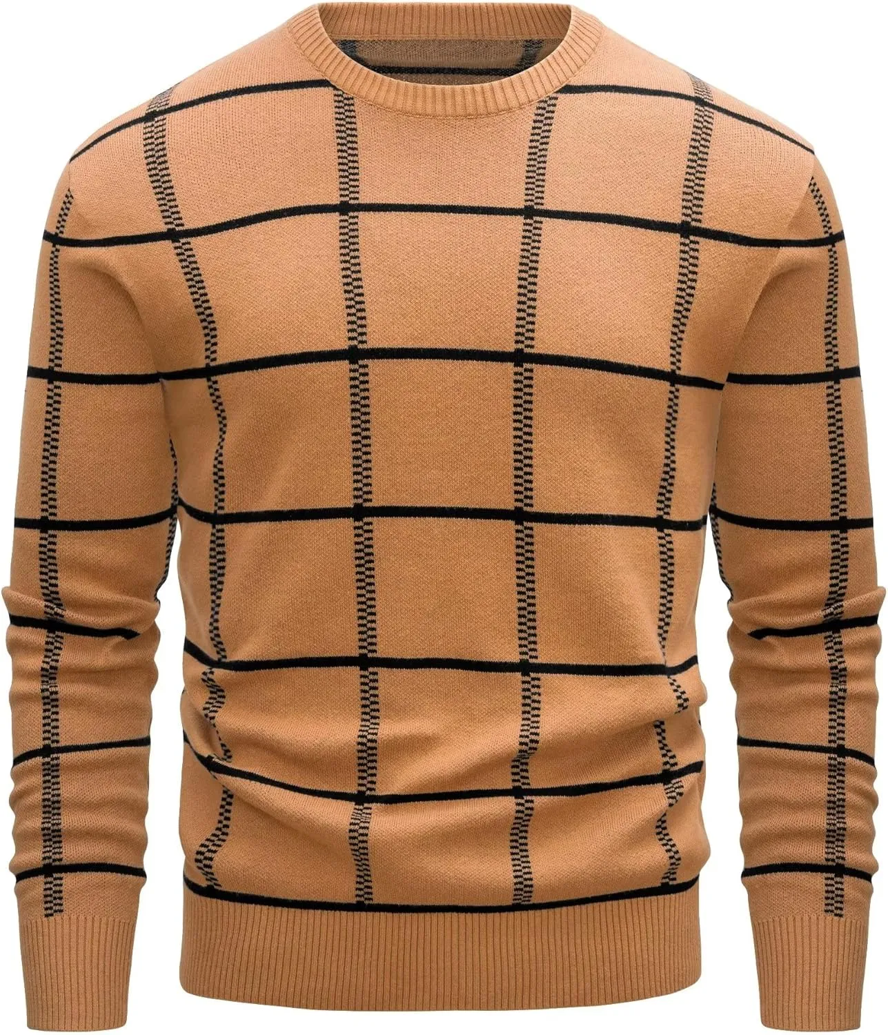MAGCOMSEN Men's Plaid Crewneck Sweater - Casual Cotton Fall Winter Sweater
