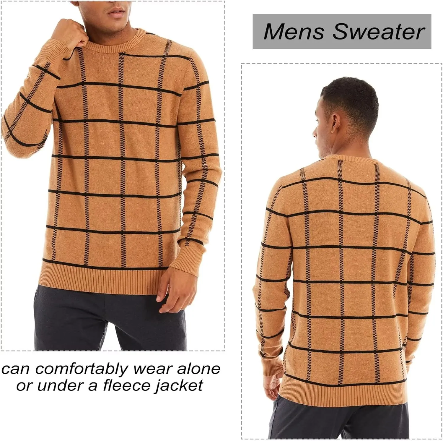 MAGCOMSEN Men's Plaid Crewneck Sweater - Casual Cotton Fall Winter Sweater