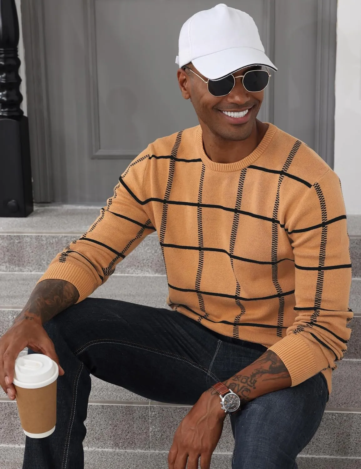 MAGCOMSEN Men's Plaid Crewneck Sweater - Casual Cotton Fall Winter Sweater