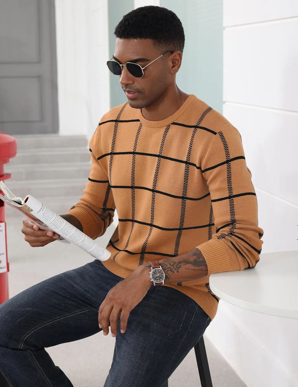 MAGCOMSEN Men's Plaid Crewneck Sweater - Casual Cotton Fall Winter Sweater