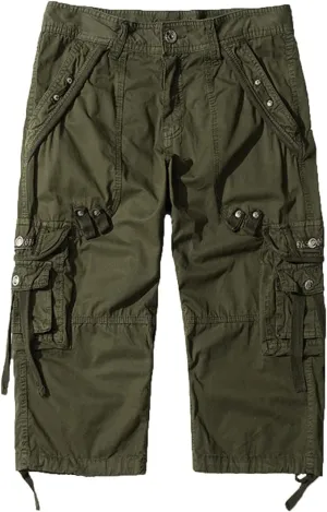 Maiyifu-GJ Men's Elastic 3/4 Cargo Shorts Casual Loose Fit Below Knee Long Shorts Multi-Pocket Cotton Hiking Short Pants