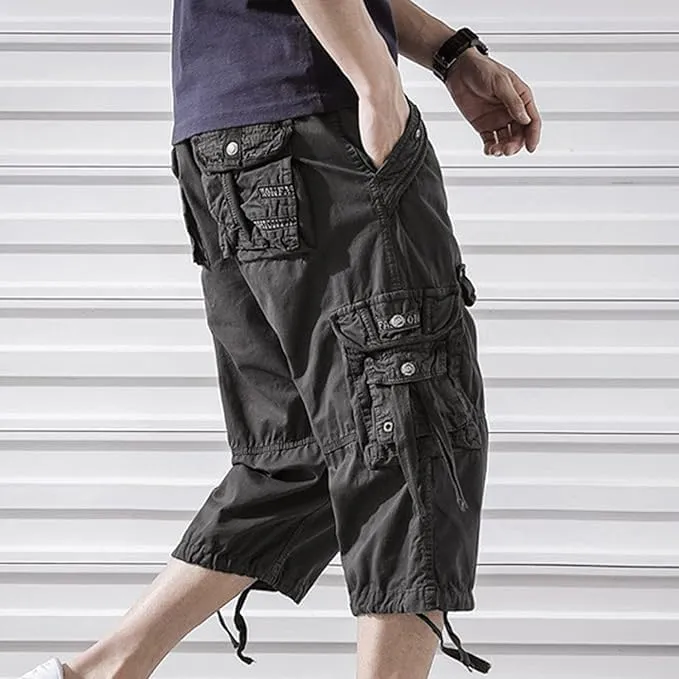 Maiyifu-GJ Men's Elastic 3/4 Cargo Shorts Casual Loose Fit Below Knee Long Shorts Multi-Pocket Cotton Hiking Short Pants