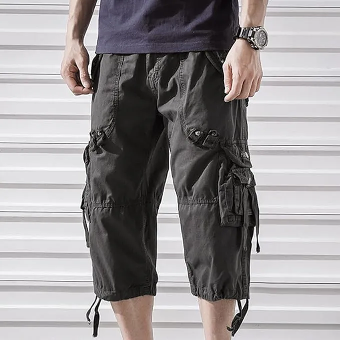 Maiyifu-GJ Men's Elastic 3/4 Cargo Shorts Casual Loose Fit Below Knee Long Shorts Multi-Pocket Cotton Hiking Short Pants