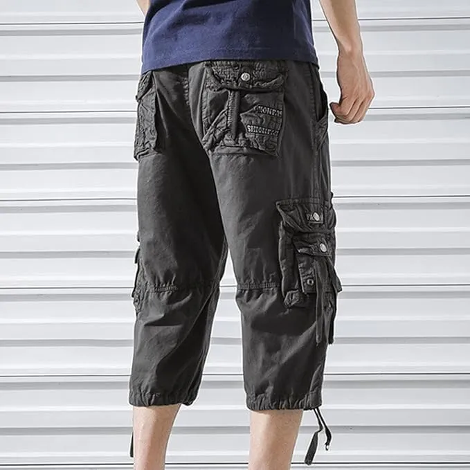 Maiyifu-GJ Men's Elastic 3/4 Cargo Shorts Casual Loose Fit Below Knee Long Shorts Multi-Pocket Cotton Hiking Short Pants