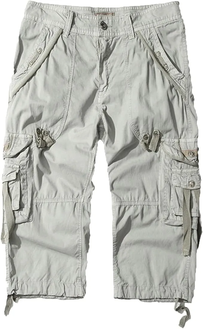 Maiyifu-GJ Men's Elastic 3/4 Cargo Shorts Casual Loose Fit Below Knee Long Shorts Multi-Pocket Cotton Hiking Short Pants