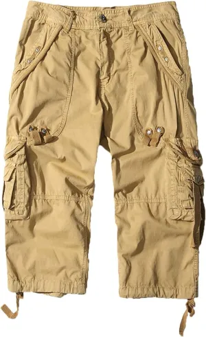 Maiyifu-GJ Men's Elastic 3/4 Cargo Shorts Casual Loose Fit Below Knee Long Shorts Multi-Pocket Cotton Hiking Short Pants