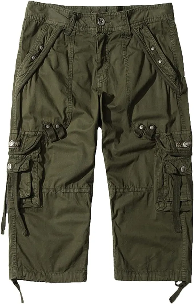 Maiyifu-GJ Men's Elastic 3/4 Cargo Shorts Casual Loose Fit Below Knee Long Shorts Multi-Pocket Cotton Hiking Short Pants