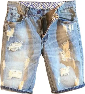 Maiyifu-GJ Men's Ripped Straight Jean Shorts Blue Streetwear Hip-Hop Denim Shorts Zipper Stretchy Short Pant with Pockets