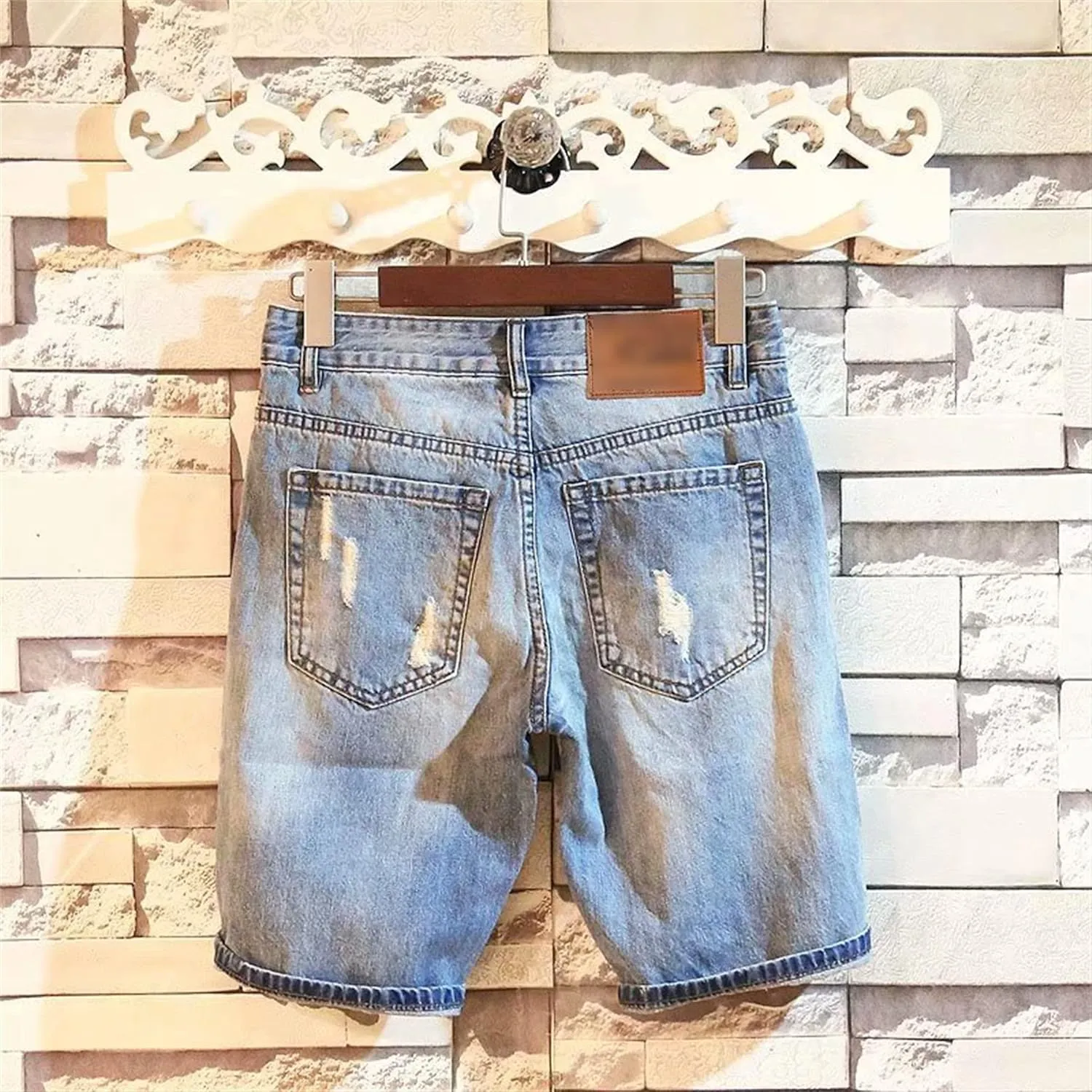 Maiyifu-GJ Men's Ripped Straight Jean Shorts Blue Streetwear Hip-Hop Denim Shorts Zipper Stretchy Short Pant with Pockets