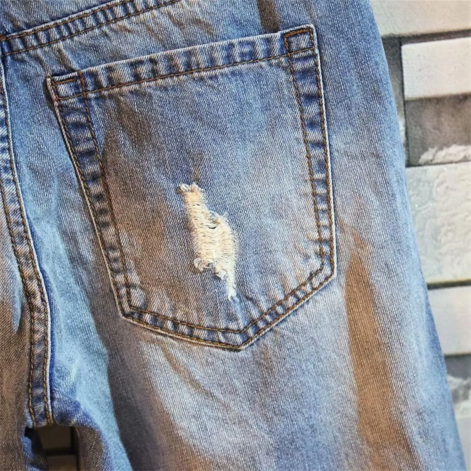 Maiyifu-GJ Men's Ripped Straight Jean Shorts Blue Streetwear Hip-Hop Denim Shorts Zipper Stretchy Short Pant with Pockets