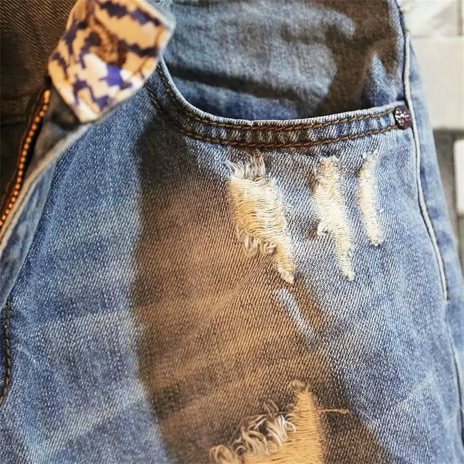 Maiyifu-GJ Men's Ripped Straight Jean Shorts Blue Streetwear Hip-Hop Denim Shorts Zipper Stretchy Short Pant with Pockets
