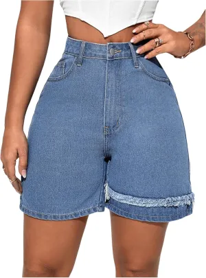 MakeMeChic Women's High Waisted Frayed Denim Shorts Straight Leg Zipper Jean Shorts
