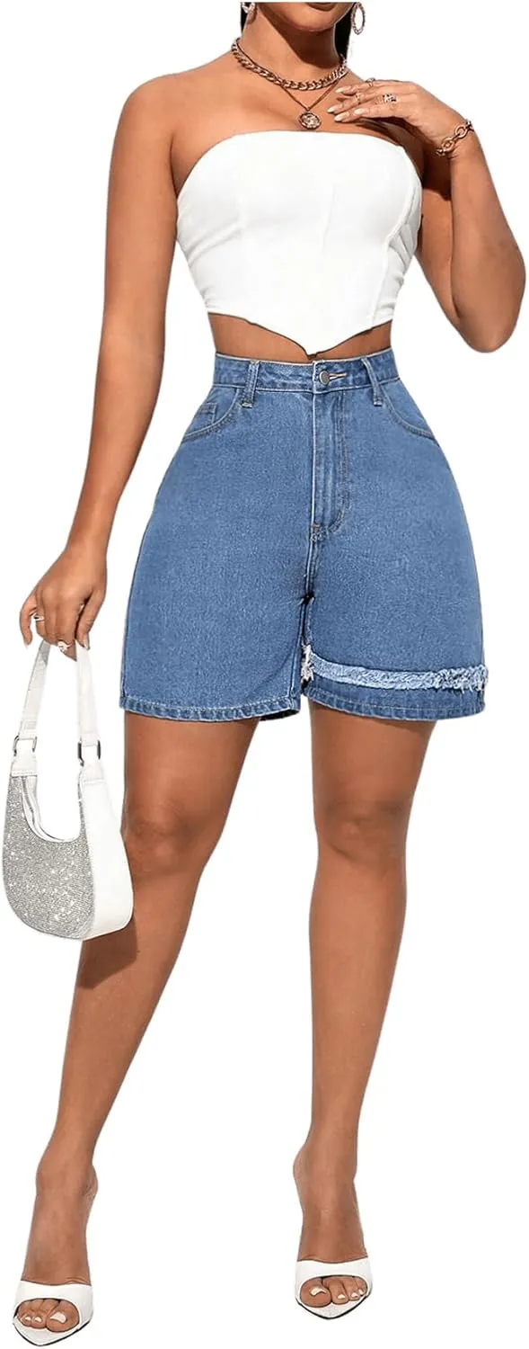 MakeMeChic Women's High Waisted Frayed Denim Shorts Straight Leg Zipper Jean Shorts