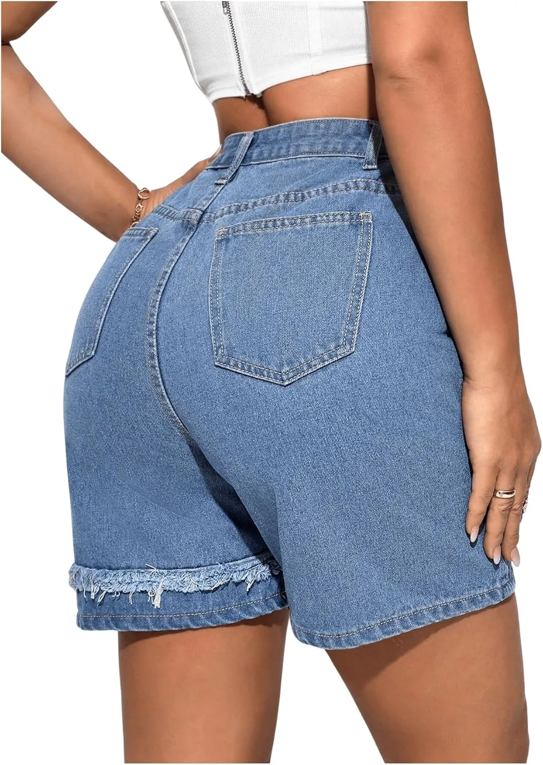 MakeMeChic Women's High Waisted Frayed Denim Shorts Straight Leg Zipper Jean Shorts