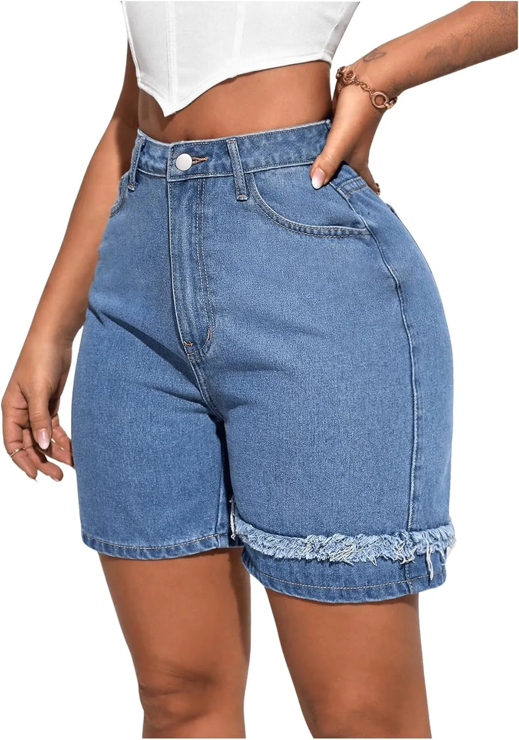 MakeMeChic Women's High Waisted Frayed Denim Shorts Straight Leg Zipper Jean Shorts