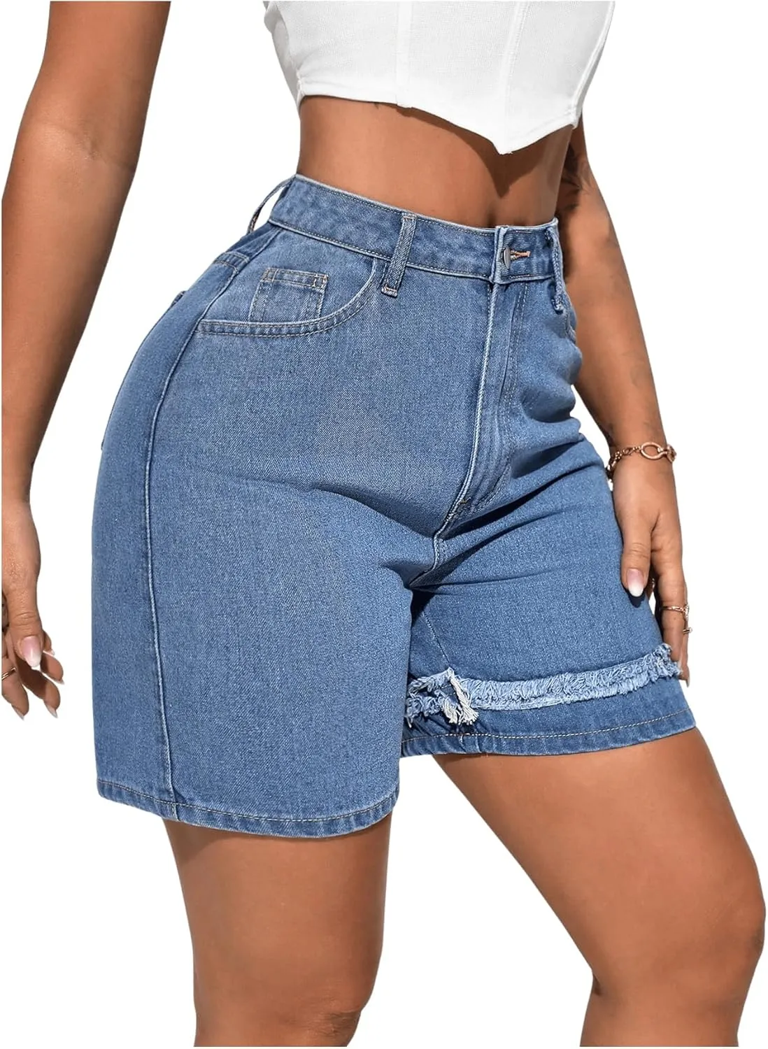 MakeMeChic Women's High Waisted Frayed Denim Shorts Straight Leg Zipper Jean Shorts