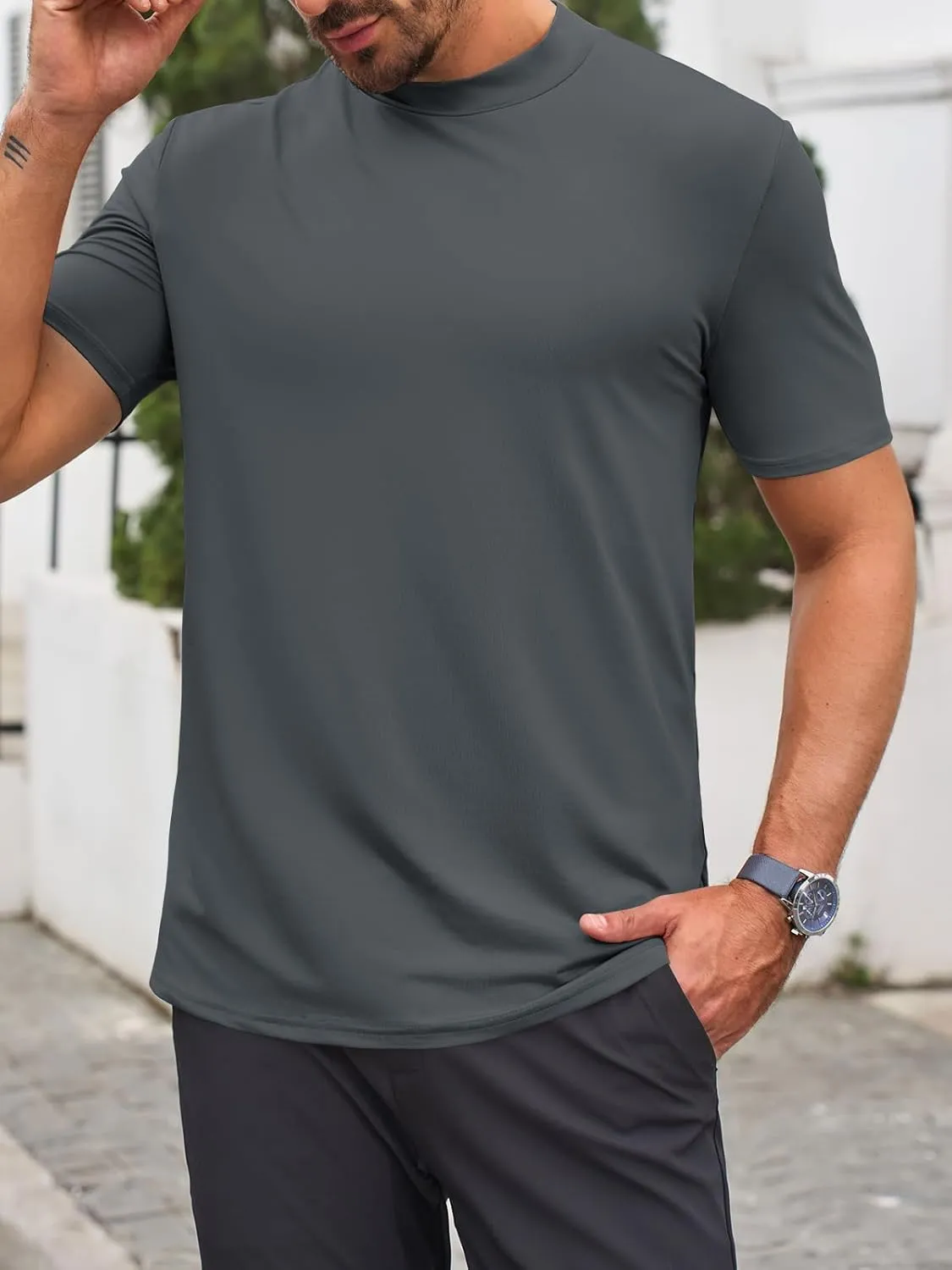 Makkrom Mens Mock Turtleneck T-Shirts Summer Short Sleeve Basic Tees Casual Solid Pullover Tops