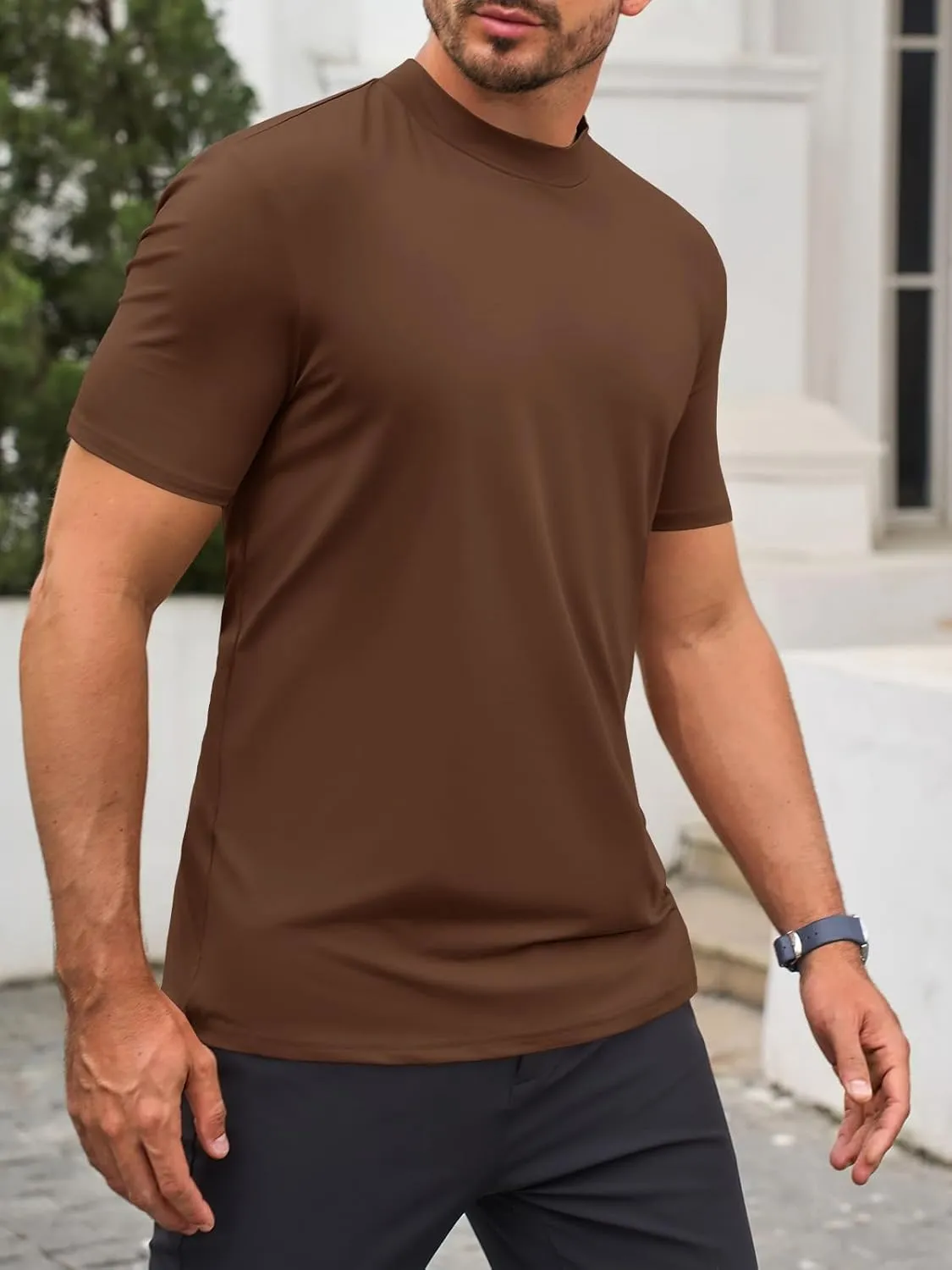 Makkrom Mens Mock Turtleneck T-Shirts Summer Short Sleeve Basic Tees Casual Solid Pullover Tops