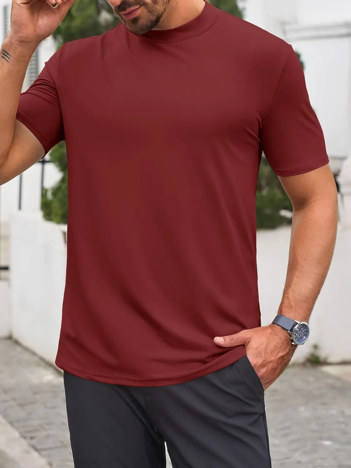 Makkrom Mens Mock Turtleneck T-Shirts Summer Short Sleeve Basic Tees Casual Solid Pullover Tops