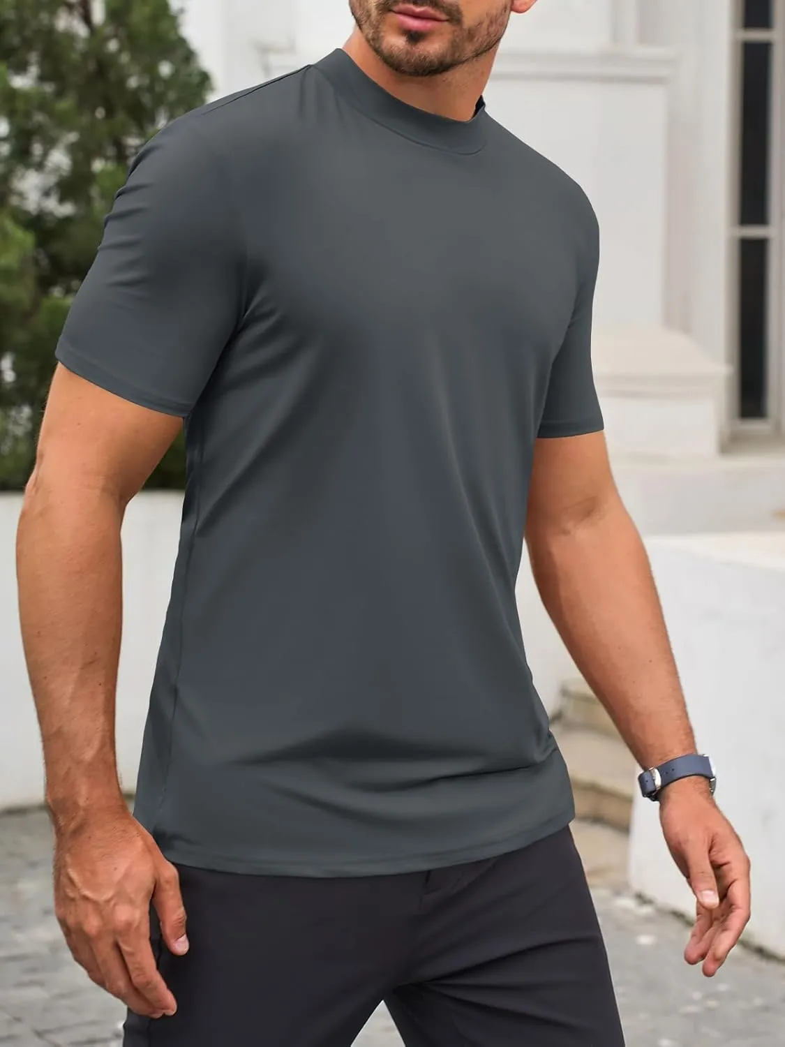Makkrom Mens Mock Turtleneck T-Shirts Summer Short Sleeve Basic Tees Casual Solid Pullover Tops