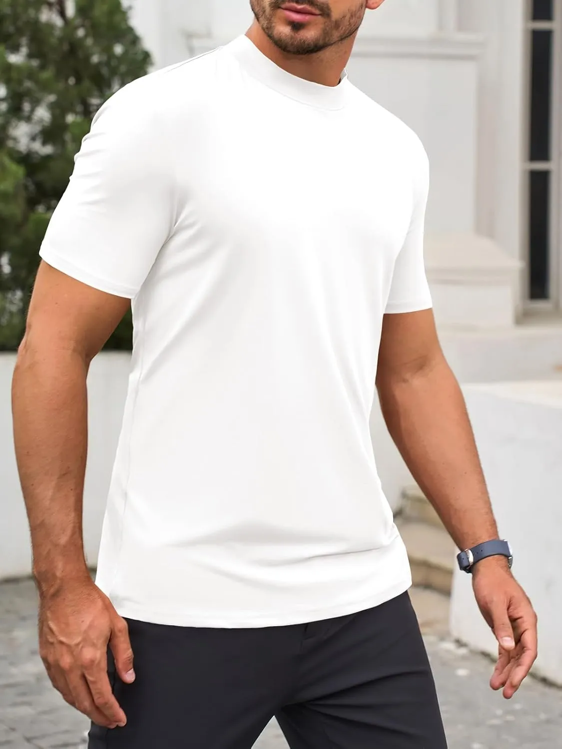 Makkrom Mens Mock Turtleneck T-Shirts Summer Short Sleeve Basic Tees Casual Solid Pullover Tops
