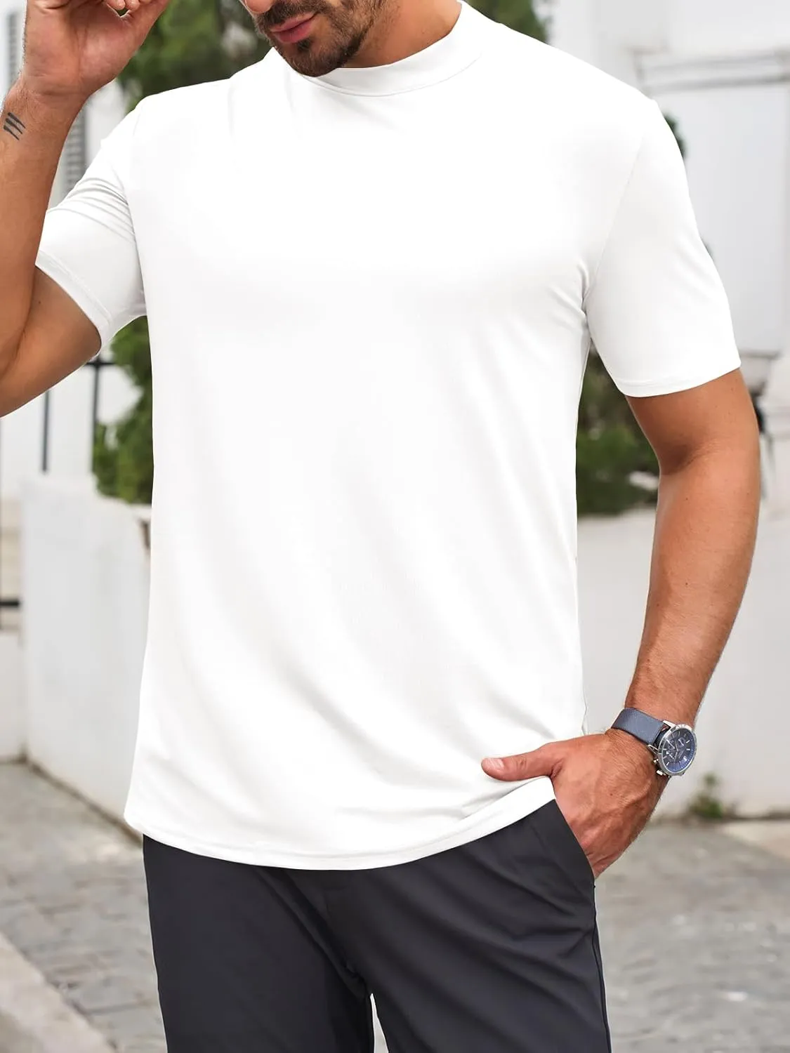 Makkrom Mens Mock Turtleneck T-Shirts Summer Short Sleeve Basic Tees Casual Solid Pullover Tops