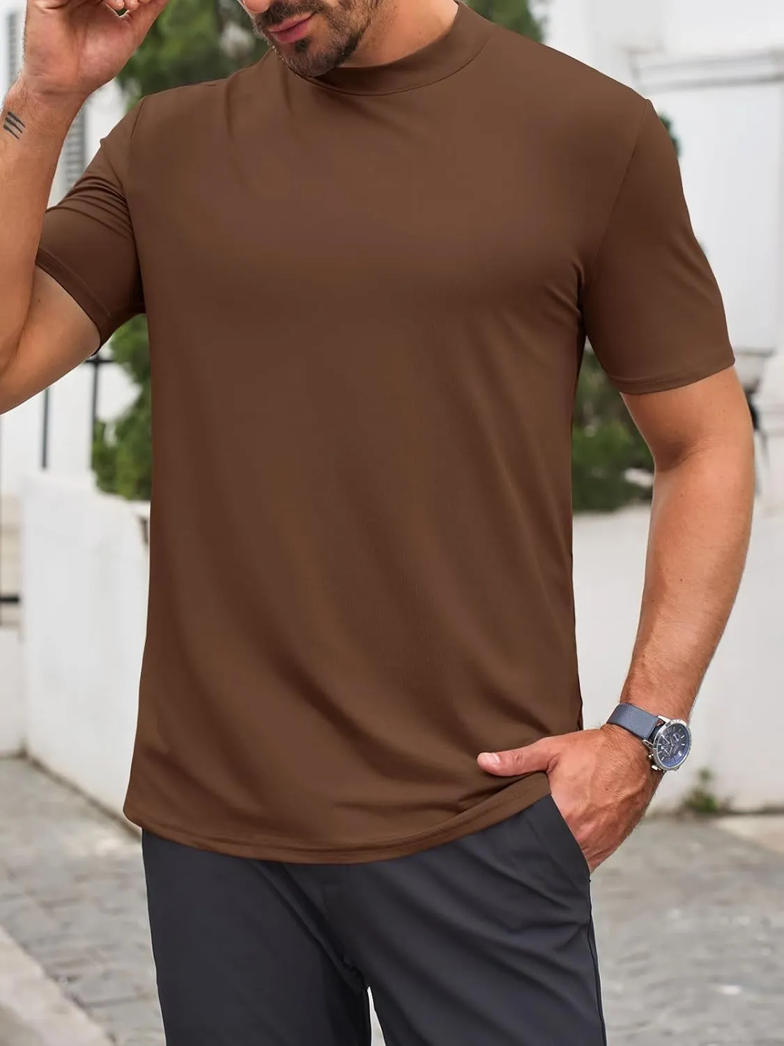 Makkrom Mens Mock Turtleneck T-Shirts Summer Short Sleeve Basic Tees Casual Solid Pullover Tops