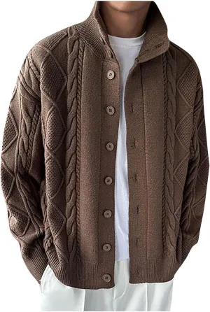 Men Cable Knit Cardigan Button Down Knit Sweater Stand Collar Long Sleeve Sweater Casual Open Front Cardigan
