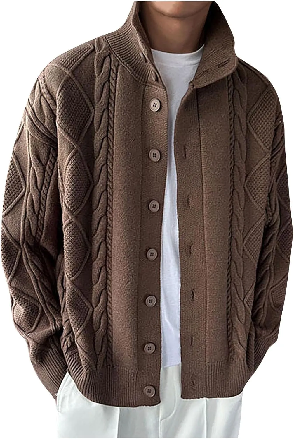 Men Cable Knit Cardigan Button Down Knit Sweater Stand Collar Long Sleeve Sweater Casual Open Front Cardigan