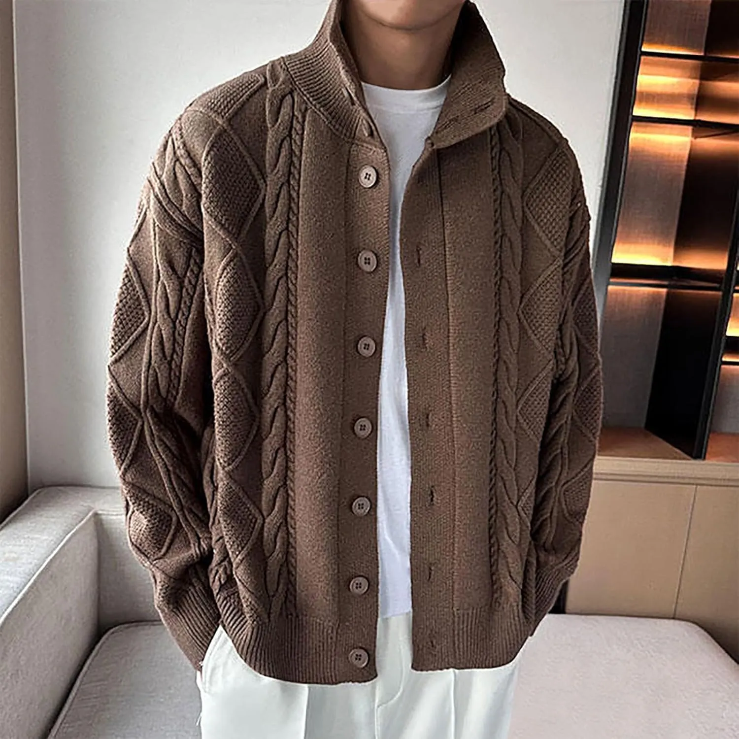 Men Cable Knit Cardigan Button Down Knit Sweater Stand Collar Long Sleeve Sweater Casual Open Front Cardigan