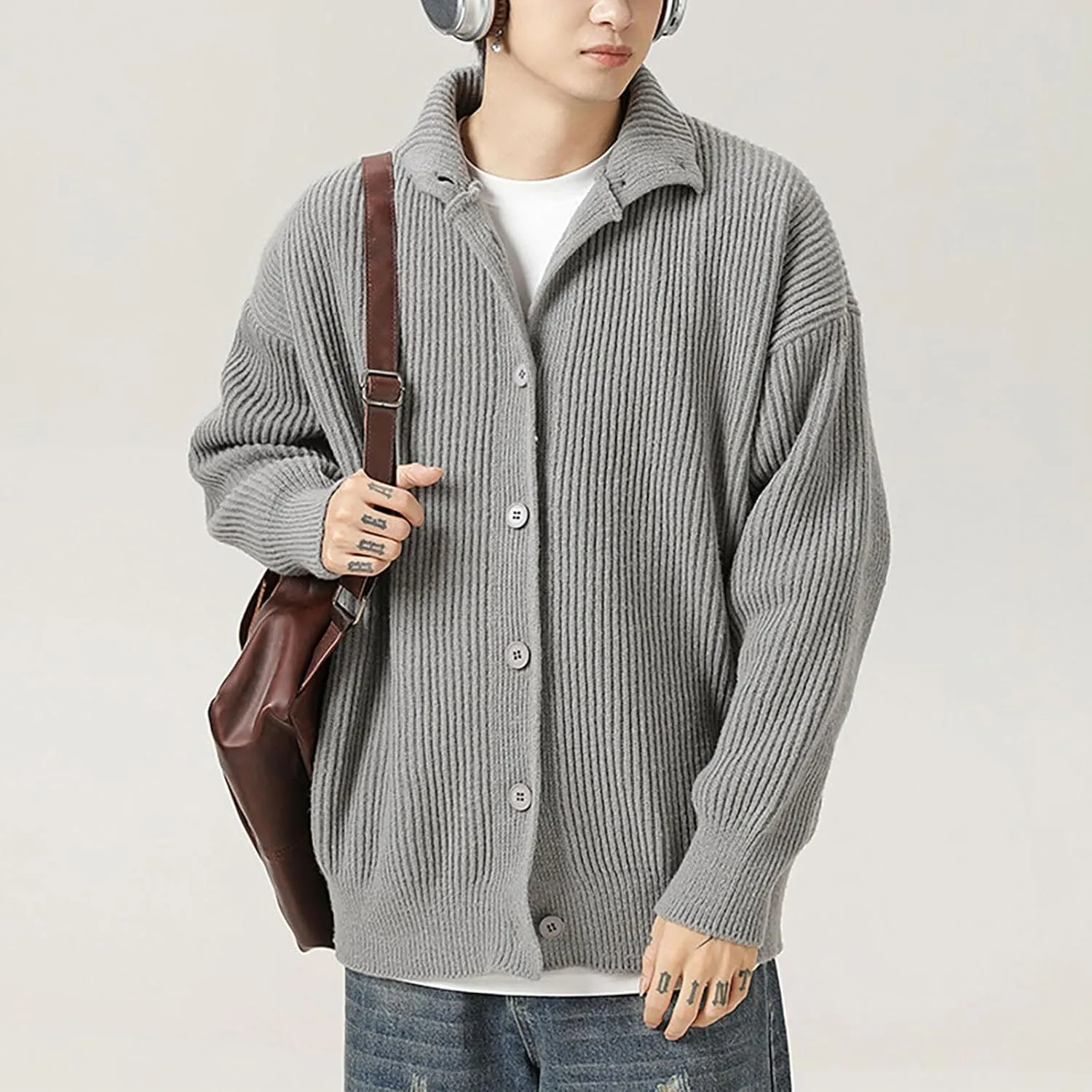 Men Casual Cardigan Button Down Knit Sweater Casual Long Sleeve Sweater Lightweight Cardigan Stand Collar Sweater