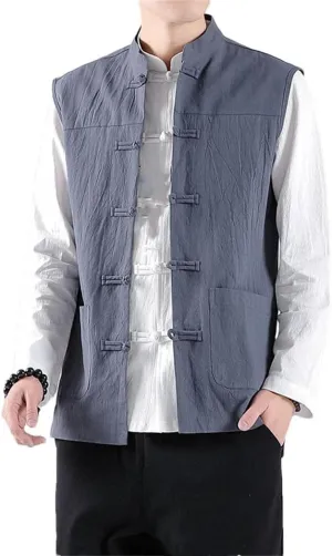 Men Chinese Style Vintage Linen Vests Harajuku Style Sleeveless Casual Jacket Waistcoat