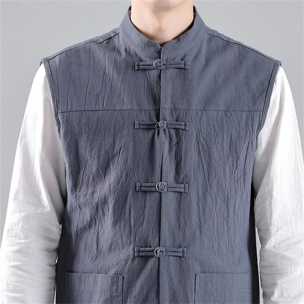 Men Chinese Style Vintage Linen Vests Harajuku Style Sleeveless Casual Jacket Waistcoat