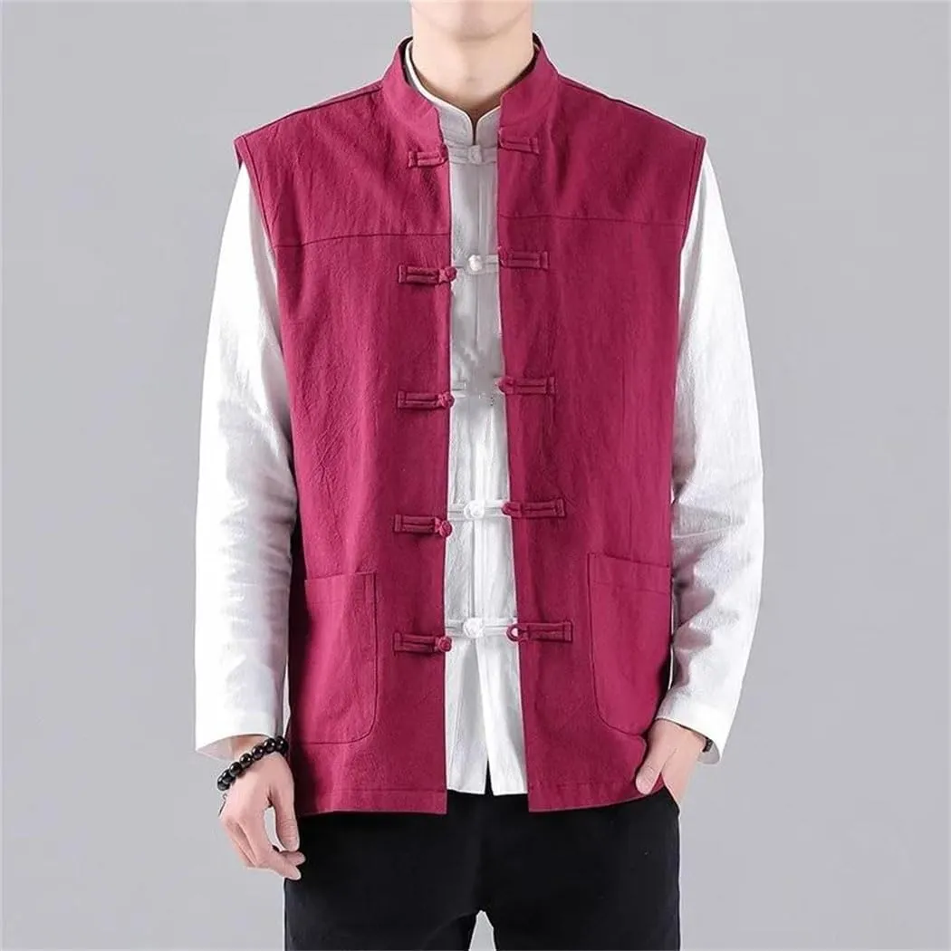 Men Chinese Style Vintage Linen Vests Harajuku Style Sleeveless Casual Jacket Waistcoat