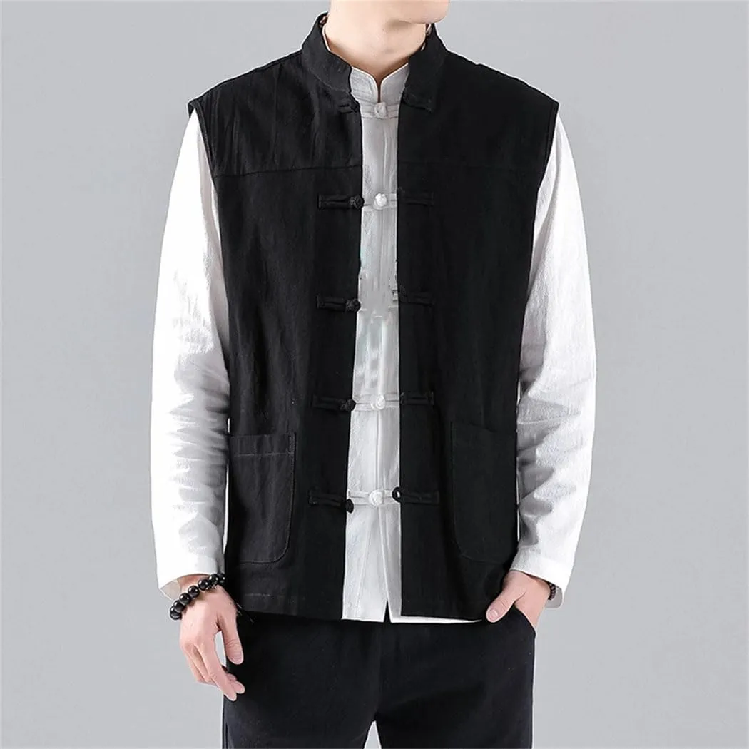 Men Chinese Style Vintage Linen Vests Harajuku Style Sleeveless Casual Jacket Waistcoat