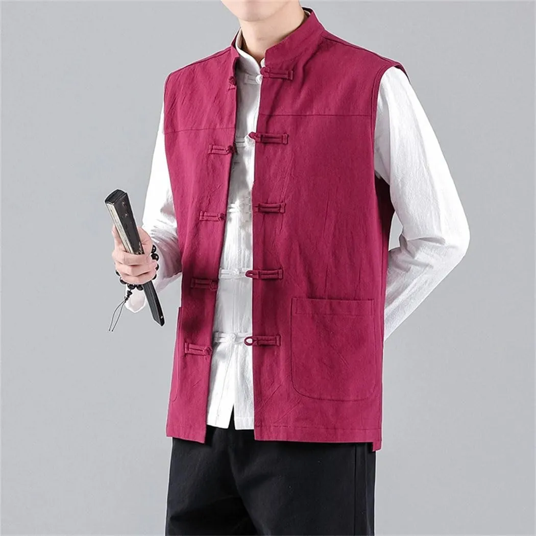 Men Chinese Style Vintage Linen Vests Harajuku Style Sleeveless Casual Jacket Waistcoat
