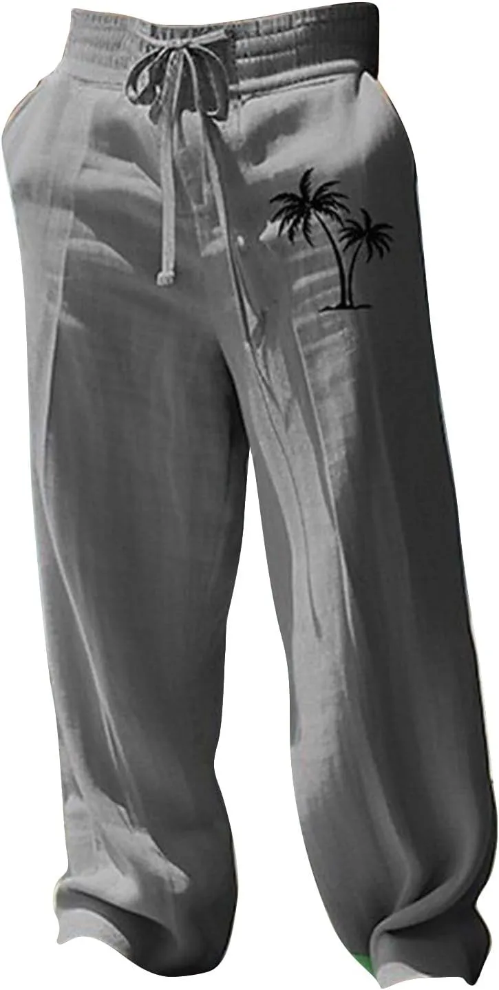 Mens Baggy Linen Hawaiian Yoga Trousers Elastic Waist Summer Wide Leg Beach Pants Lightweight Bohemian Gaucho Pants